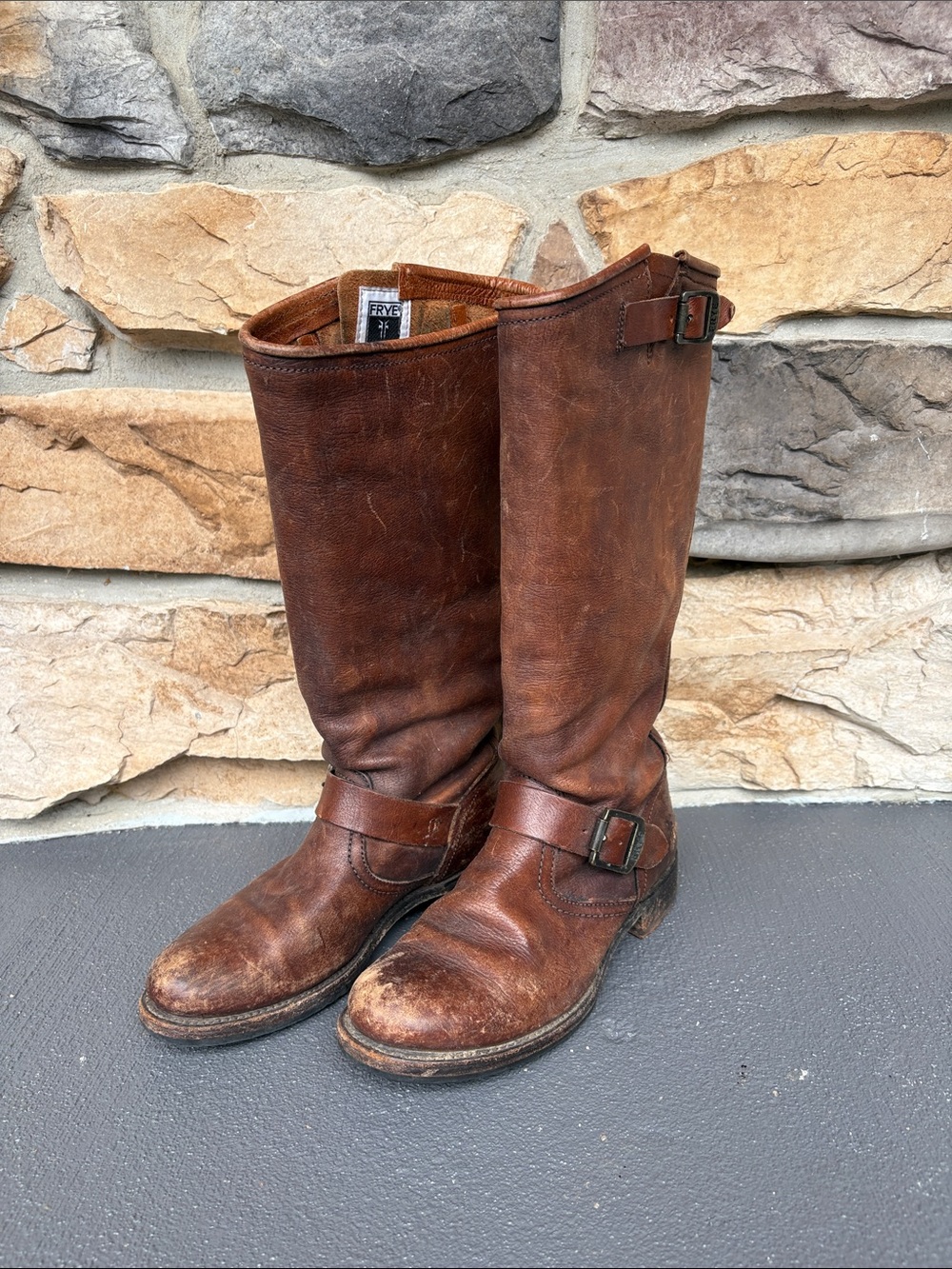 Frye Brown Leather Mid-Calf Harness Boots